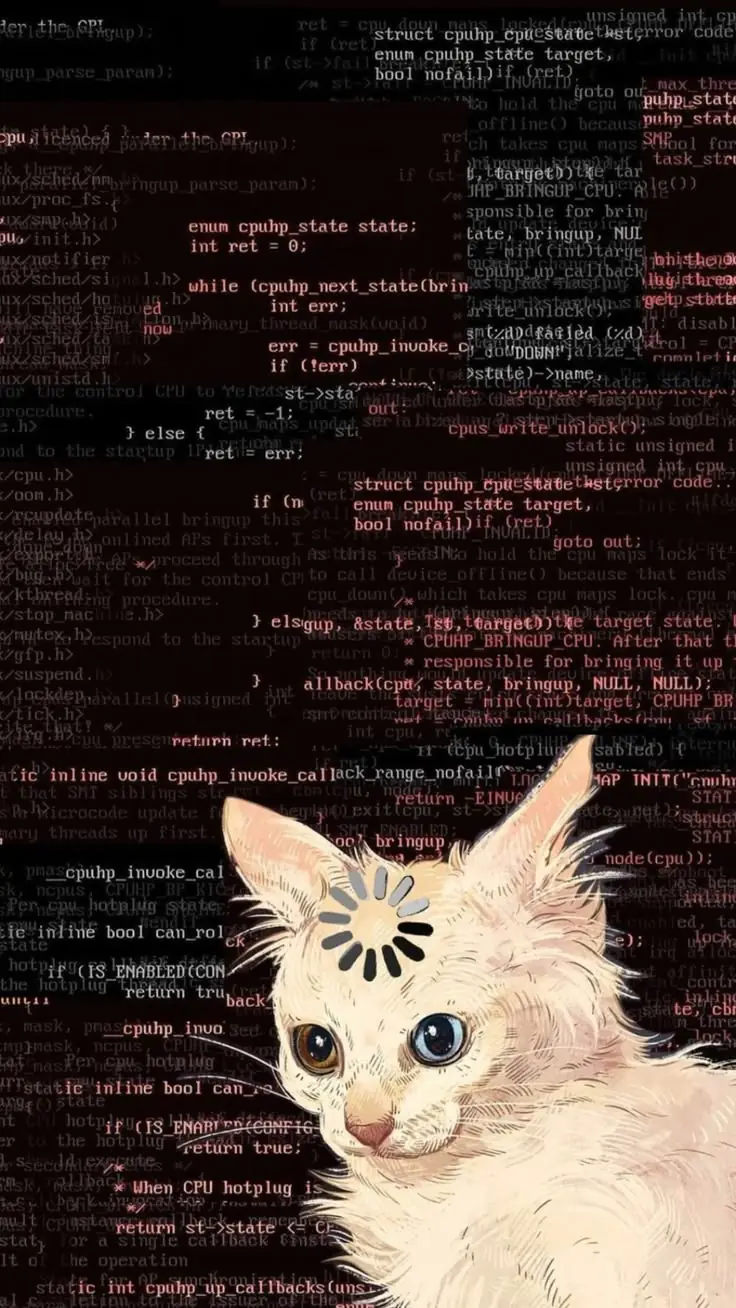 Gato desenhado com um ícone de carregamento na cabeça, sobre um fundo de código do kernel